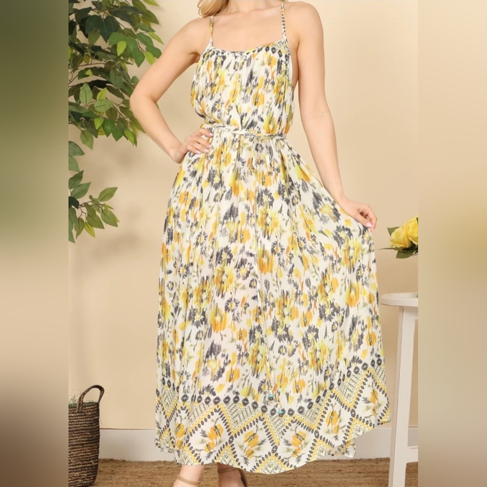 Long floral dress 100% rayon OLIVACEOUS talla L - Picture 3 of 10
